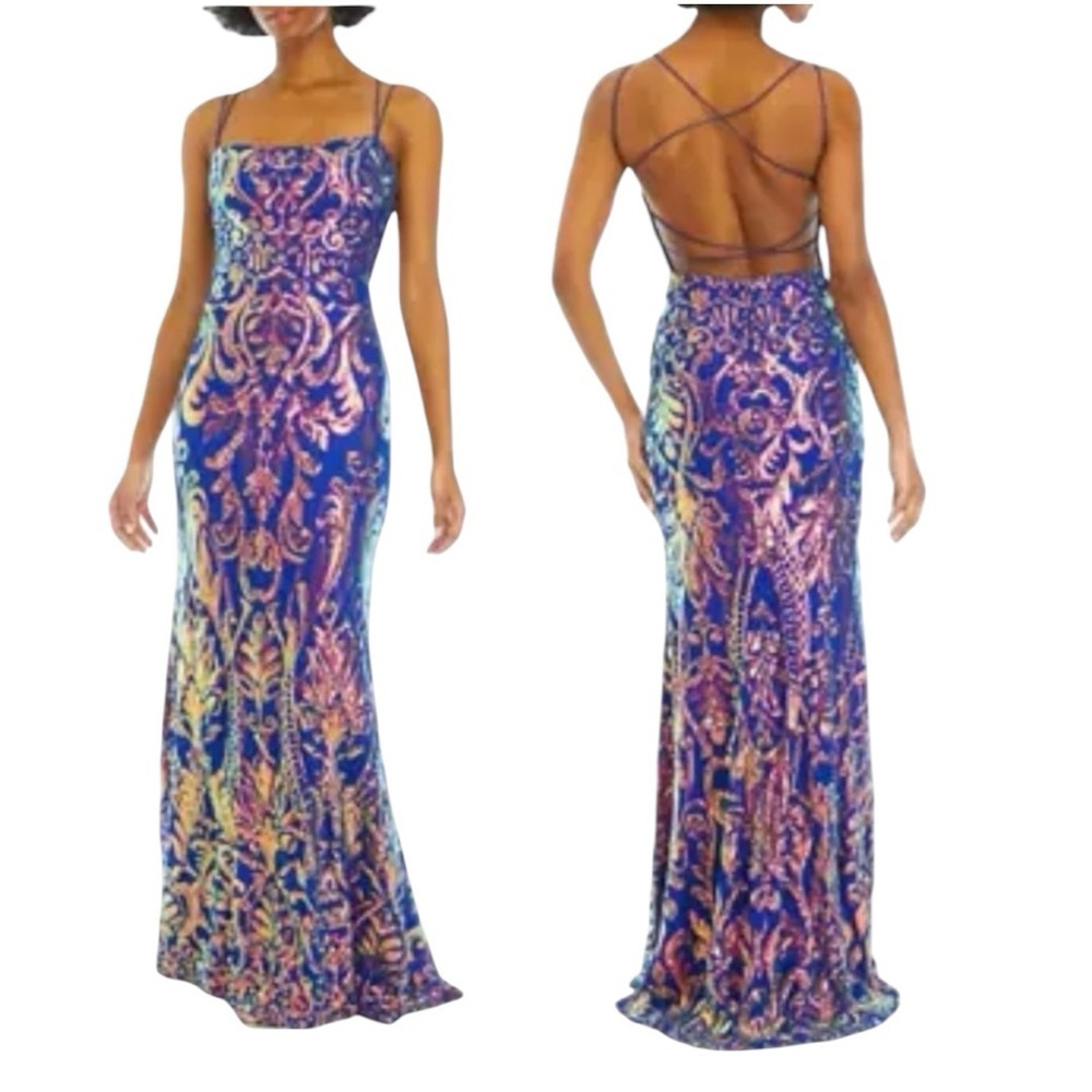 B. Darlin Square Neck Strappy Back Long Gown Iridescent Sequins NWT